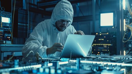 Poster - Using a laptop computer, an engineer in a coverall examines a circuit board with microchips and types data. An electrician tests new electrical equipment.