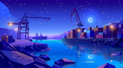 A modern illustration depicting a night port with cargo containers and ships. An ocean terminal and warehouse background with cargo containers and ships. An illustration of a night port with cargo