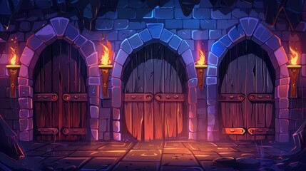 Poster - A medieval castle dragon with wooden doors. An illustration of an ancient stone wall with arch doorways, a palace hall illuminated by torchlight. A prison underground.