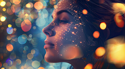 Wall Mural - Enhance this image of a woman's face with glowing lines. Make the background blurred with a bokeh effect