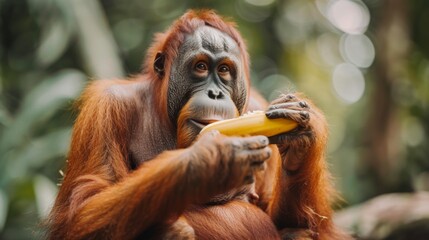 Wall Mural - An orangutan enjoys a banana amidst verdant foliage, with a thoughtful expression on its face.