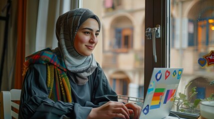 Poster - Studying at home before exams in school, a happy Arab student in a hijab works on a laptop computer with LGBTQ support stickers. Picture taken from apartment window.