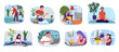 Home work. Household chores. Freelance job at computer. Dinner cooking. Sport exercises or meditation. Woman knitting with yarn. Man studying at laptop. People house activities vector set