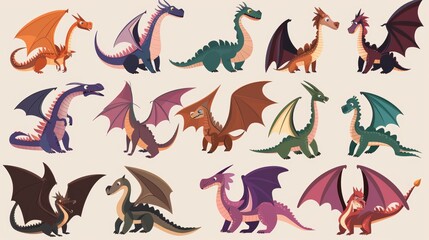 Wall Mural - The magic fantasy dragon set for fairy tale game cartoon illustration. Isolated fly monster character clipart asset with wings in brown, green, and pink. The ancient mythical dinosaur drawing
