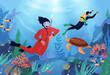 Ocean divers. Underwater sea snorkel in scuba mask. Fish and swimmers in tropical reef. Exploration of seabed. Man and woman swimming with marine turtle. Vector cartoon diving characters
