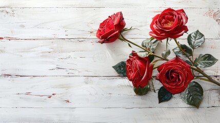 Wall Mural - A dreamy still life capturing vibrant red roses set against a pristine white wooden backdrop evoking the essence of Valentine s Day with a delicate soft focus