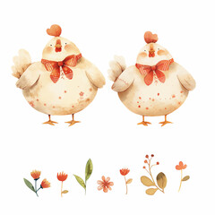 Vector set of funny roosters and flowers