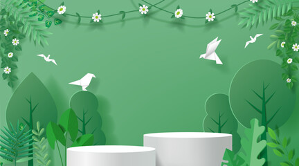 Poster - Eco background. Green tree garden with white empty platform, product podium in plant leaf, summer ecology banner with stage in leaves. Minimal showcase scene. Paper cut vector template