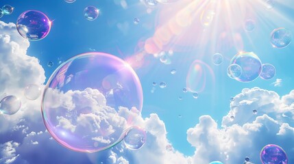 Wall Mural - Illustration of a ray of sunshine blowing in cloudy air over a realistic cloud background with iridescent glass foam. Sunny blue space with cumulus clouds, surrounded by fluffy cloud textures.