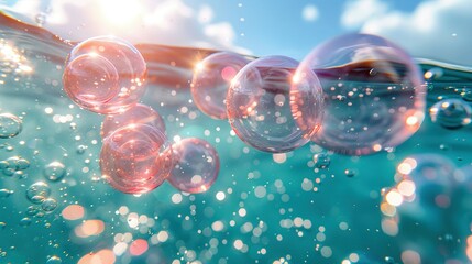 Poster -   Bubbles float atop water in a tranquil blue sky dotted with white clouds