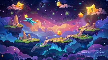 Wall Mural - In this modern cartoon illustration, an alien aircraft travels between floating islands to collect bonus points, stars, and locks on stone platforms. It is a progress map depicting the progress of