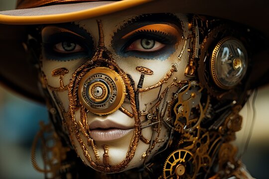 Ornate Steampunk eye face. Costume gear art. Fictional person. Generate Ai