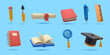 3D stationery. School book. Notebook, pen and pencil for education. Graduation hat. Office notepad. Magnifier and eraser. Learning textbook. Sharpener and ruler. Vector render icons set