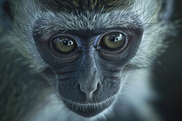 Wall Mural - A close-up image of a monkey's face with a blurry background. Suitable for nature and wildlife themes