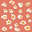 Popcorn banner. Sweet or salty cinema snack. Cinematography food. Unhealthy eating. Movie appetizer. Fluffy grains. Delicious sweetcorn kernels. Crunchy seeds. Vector pop corn background
