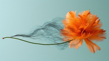 Poster -   An orange flower with a long stem on a light blue background, centered in the image