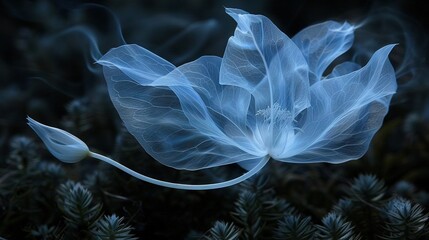 Wall Mural -   A close-up of a flower on a plant surrounded by swirling smoke rising from the petals and leaves
