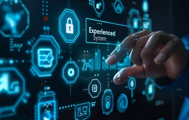 Poster - Business professional interacting with futuristic interface showing security concepts
