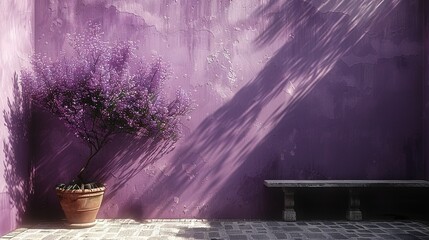 Poster -   A potted plant sits in front of a purple wall, with a bench in front and a tree shadow on the wall