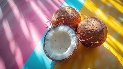 coconuts in colorful array on yellow-blue-pink background