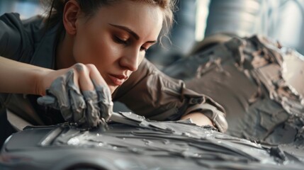 Poster - Young Female Sculpting 3D Models of a New Production Car with a Spatula. Young Female Smooths out a Prototype Concept Vehicle's Surface with a Spatula.