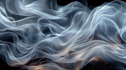 Wall Mural -  A photo of white smoke waves on a black backdrop with golden specks and celestial bodies