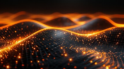 Wall Mural -   An image of a computer-generated wave with illuminated lights in the center on a dark background features orange and yellow accents