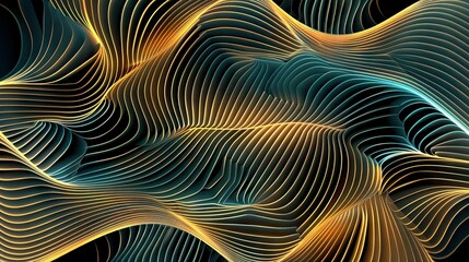 Wall Mural -   A black background with wavy lines in blue, yellow, and orange generated by a computer