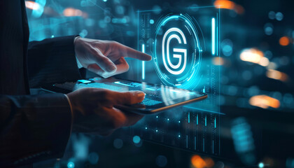 Poster - Businessman interacting with futuristic interface showing a glowing letter G