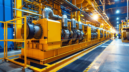 Canvas Print - Modern industrial factory interior with large machinery and two workers in the background.