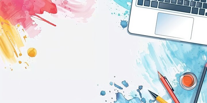 Abstract aquarela background with laptop and art supplies.