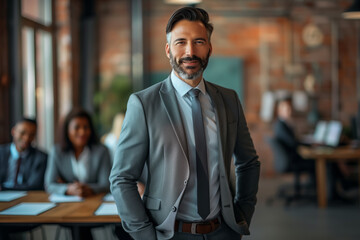 Wall Mural - Businessman standing in a gray suit and tie, posing confidently in a modern office with team members in the background.