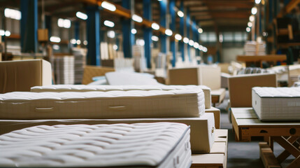 Wall Mural - Rows of new mattresses lined up in a spacious factory warehouse with warm lighting.