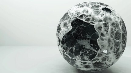 Poster - A captivating 3D rendering showcases an abstract black and white art piece featuring a damaged spherical shape resembling planet Earth the moon or an asteroid The surface of this entity is 