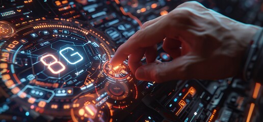 Poster - Futuristic technology interface with a person adjusting settings illustrating advanced digital concepts