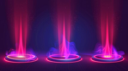Poster - this is a realistic modern illustration set depicting a futuristic teleport podium with beams and fo