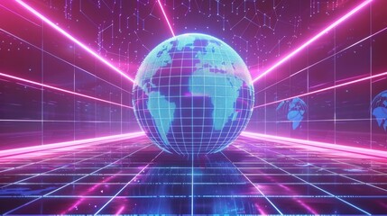 Poster - graphic design set of retrowave aesthetic banners in y2k style with blue wireframe globe, grey line 