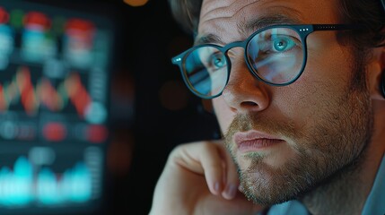 Poster - Portrait of a Smart and Thoughtful Broker on a Stock Exchange. Adult Man in Glasses, Looking at Computer Screen, Communicating with a Client on the Phone, Discussing Investment Strategy