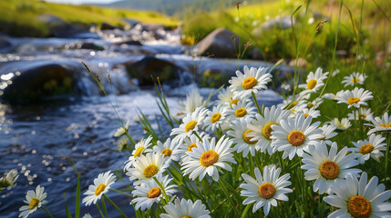 Wall Mural - flourishing daisy field next to a flowing creek