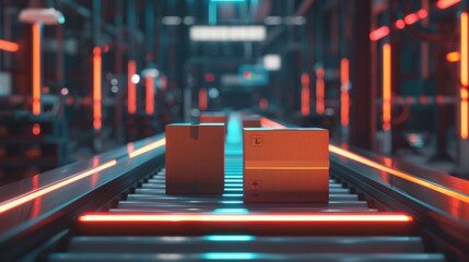 Poster - Modern logistics warehouse with an autonomous conveyor belt sorting mechanism and artificial intelligence capabilities handling, sorting, and preparing parcels for delivery to online clients