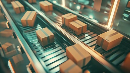 Poster - VFX 3D Graphics in a Mail Storage Warehouse Hub with parcels, cardboard boxes, and packages laying on conveyor belts.