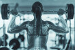 X-ray woman in gym lifting weights. Fitness exercise wellness health care effort concept