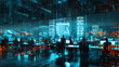 Blurred background business technology modern office people working computer desks, algorithms neon lights data overlay