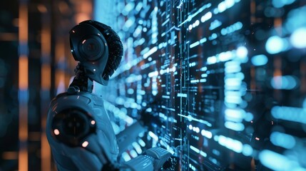Poster - 3D rendering of a humanoid AI robot using deep machine learning software. A futuristic humanoid virtual assistant using cloud computing technology.