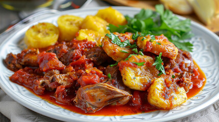 Wall Mural - Delicious kenyan meal featuring a tantalizing meat and potato stew, topped with fresh parsley on an elegant platter