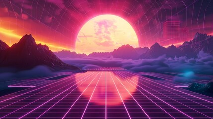 Poster - A retro neon sunset synthwave design illustration with abstract futuristic vaporwave, sun and mountain landscape. Disco surreal vapor graphic design illustration for music party raves.