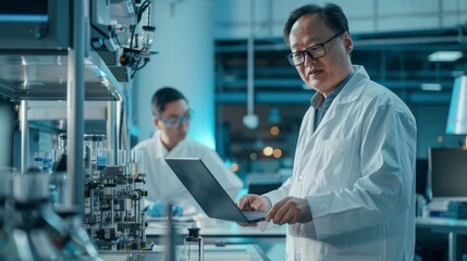 Poster - An Engineer and Scientist Using a Laptop Computer and Talking in a Factory Producing Modern Electronic Components in Different Industries
