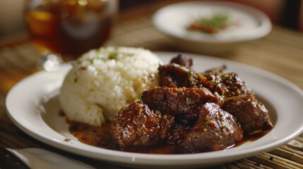 Wall Mural - Aromatic kenyan beef stew served with white rice on a plate, showcasing the vibrant cuisine of east africa