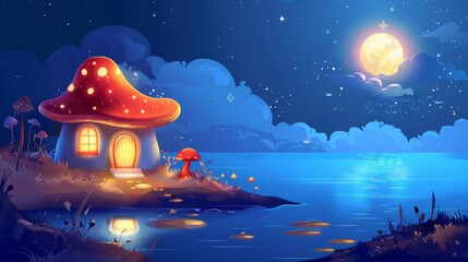 Wall Mural - Mushroom house of elf or fairy animal on sea or ocean shore at night under moonlight. Cartoon magic landscape with cute little gnome cottage made of fungus with windows.