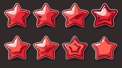 Wall Mural - Rotating red metal star motion modern illustration. Cartoon sprite sheet steps for arcade icon animation design. Rotating star-shaped rewards in casino or game interface.